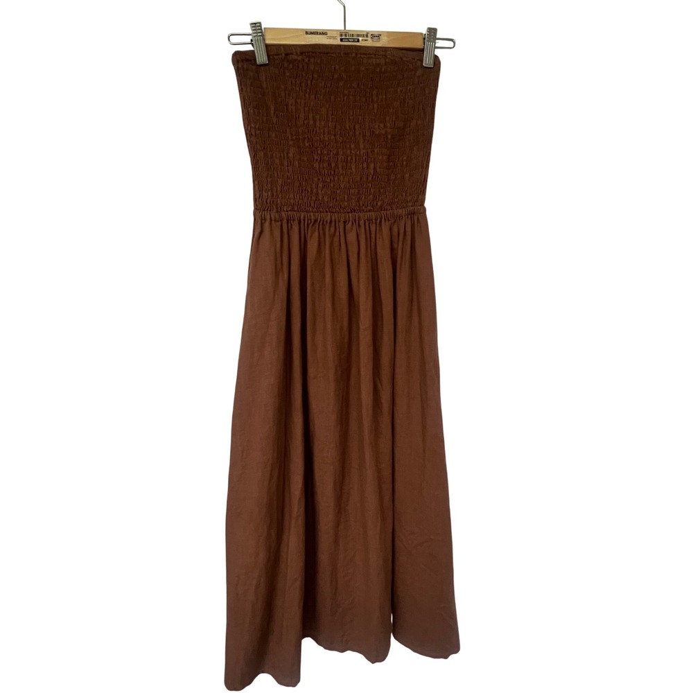 NARY NWOT Brown 100% Linen Strapless Smocked Bodice Midi Dress Women's Medium